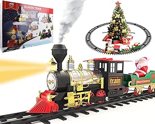 Classic Christmas Train Set for Under The Tree with Smoke, Lights and Sounds Battery Operated Electric Train Around Christmas Tree with Large Tracks for Boys Girls Christmas Decoration
