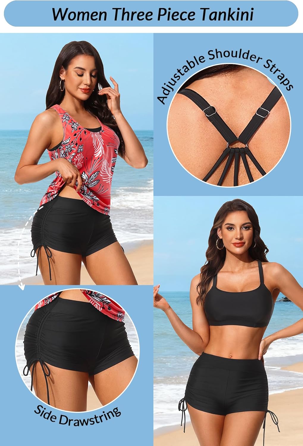 Yonique 3 Piece Womens Tankini Swimsuits with Shorts Athletic Bathing Suits Tank Tops with Bra and Boyshorts - Image 5