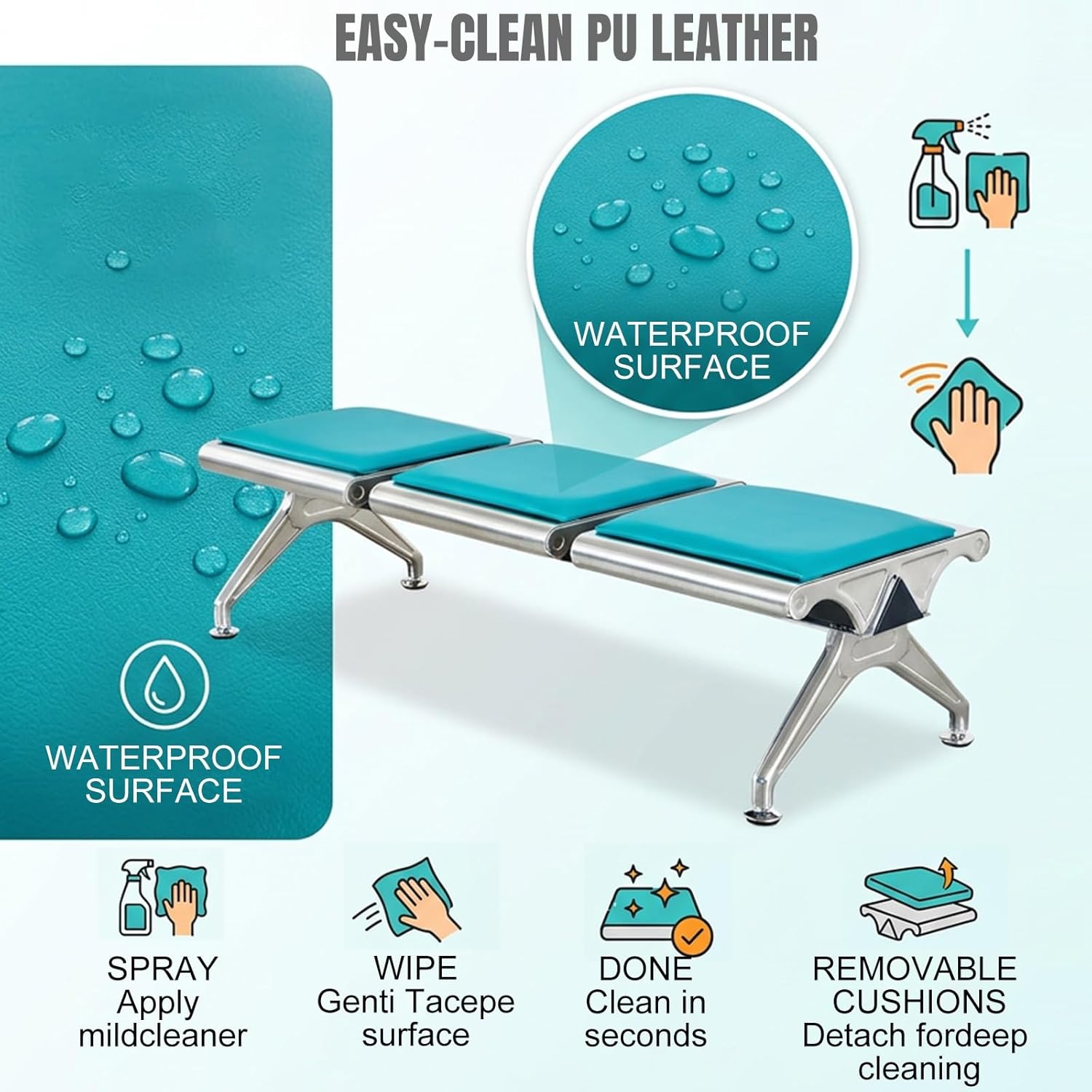 Waiting Room Chairs, Heavy Duty Office Guest Reception Bench, Durable PU Leather Lobby Chairs for Office, Hospital, Airport, Conference(Silver,1 Seat)
