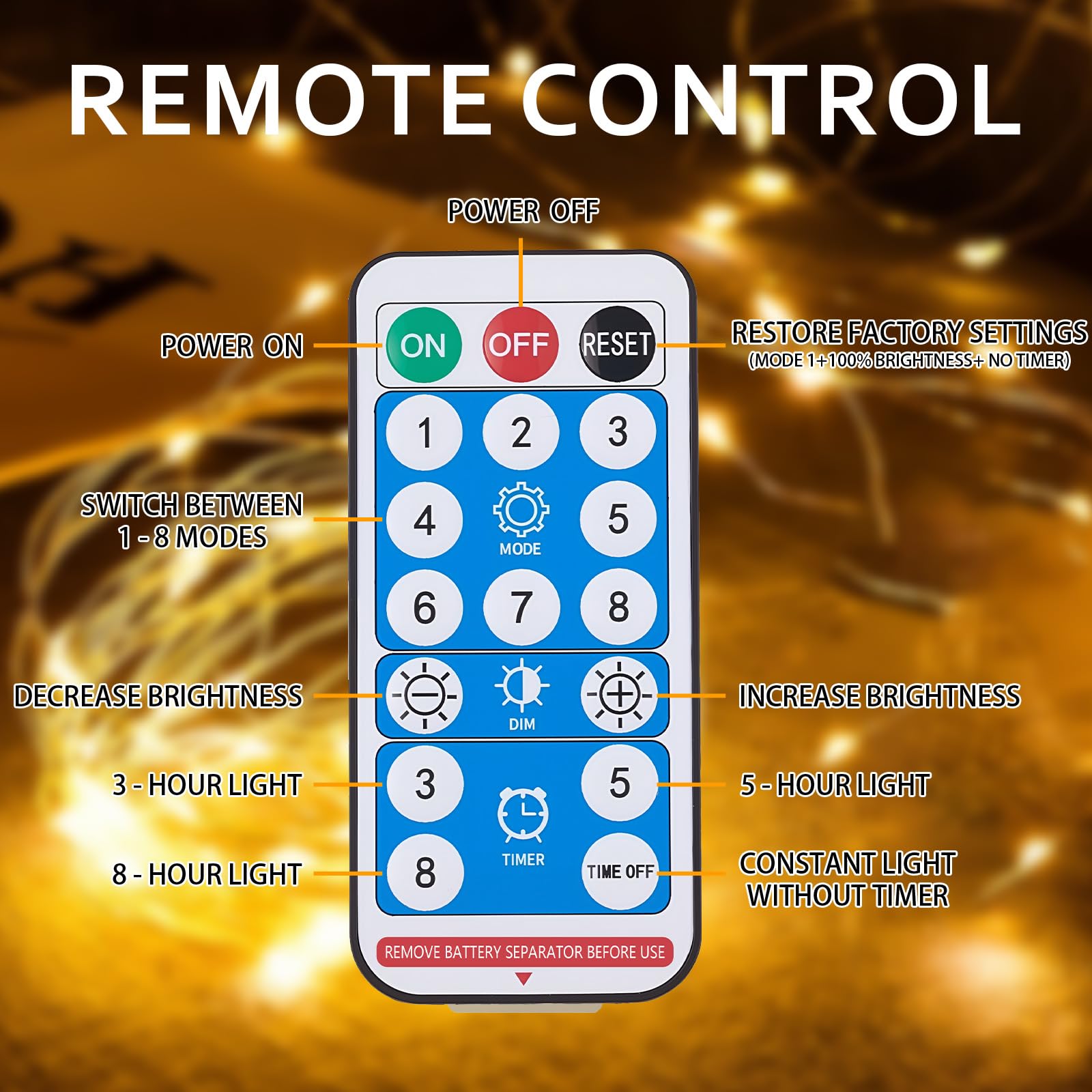 Guirnalda de luces parpadeantes de 33 pies, 100 luces LED USB con control remoto y temporizador, impermeable, 8 modos, luz de hadas estrellada para dormitorio, interior, fiesta, boda, Navidad