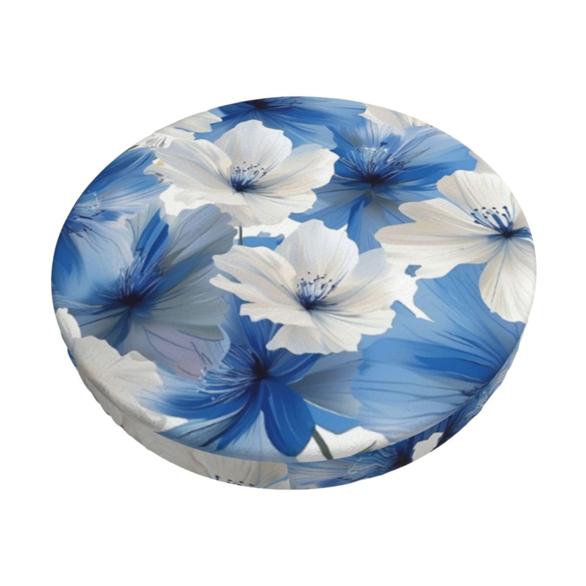Velvet Round Stool Covers, 3 Layers Bar Stool Covers with Thin Pad, White Blue Flowers Bar Stool Cushion Cover Breathable Bar Stool Seat Covers for 12-14" Round Barstool