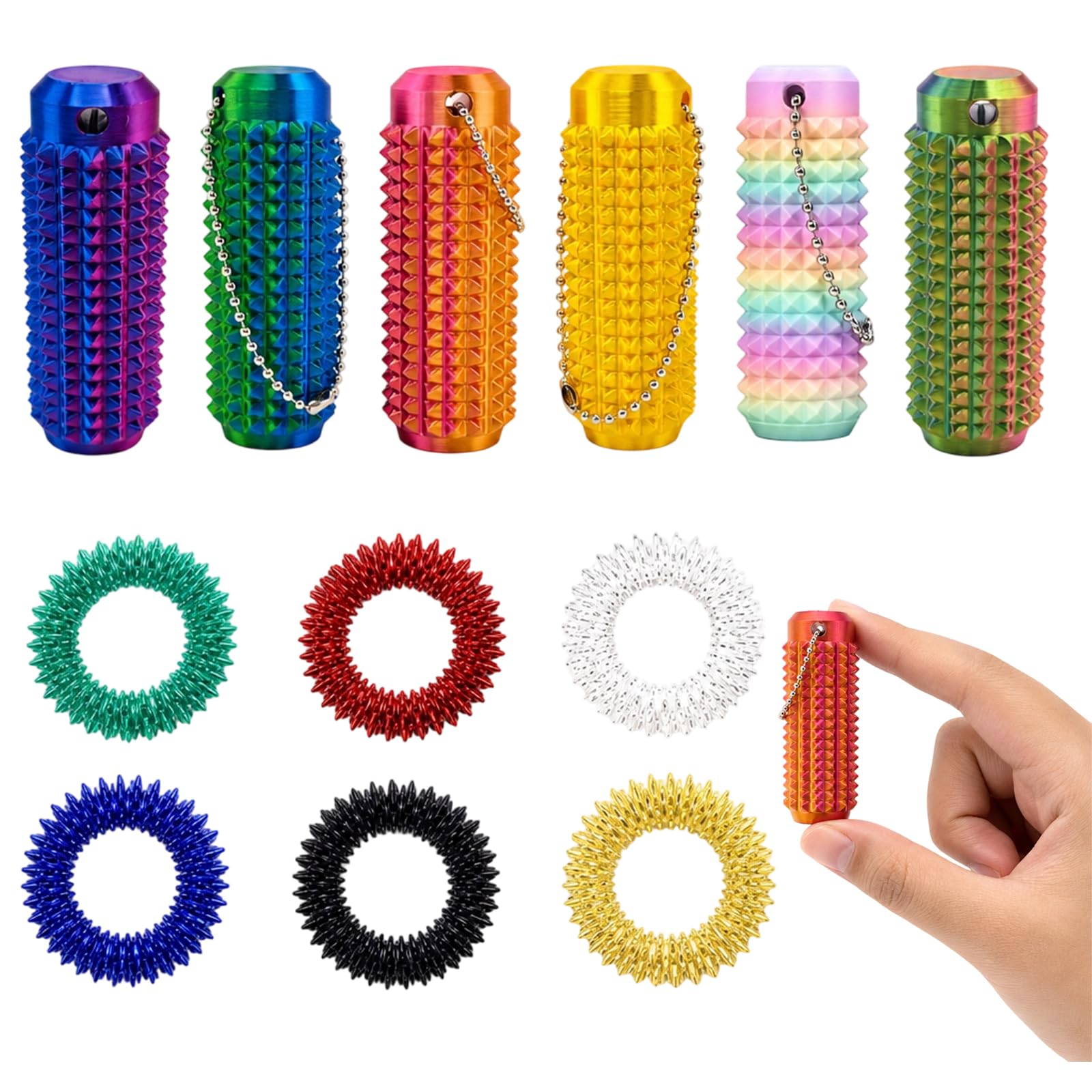 12 PCS Pain Stim Fidget, 6 Massage Keychains and 6 Rings for Tactile Engagement, Portable Focus Tools for Office and Classroom, Discreet Hand Activity for Adults