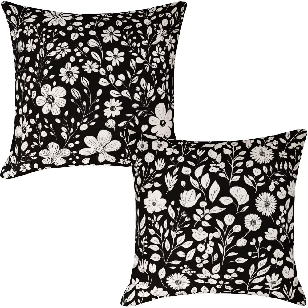 Federe Cuscini da Esterno Impermeabili 65x65 Bianco e Nero Copri Cuscini per Divano Floreale Federa Cuscino Primavera Decorativi Copricuscini per Divano Giardino Patio Soggiorno Set di 2 (IU197)
