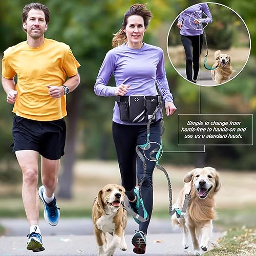 Miniatura 2 de SHINE HAI Correa retráctil para perro manos libres con doble elástico para 2 perros, cinturón ajustable para la cintura, correa reflectante