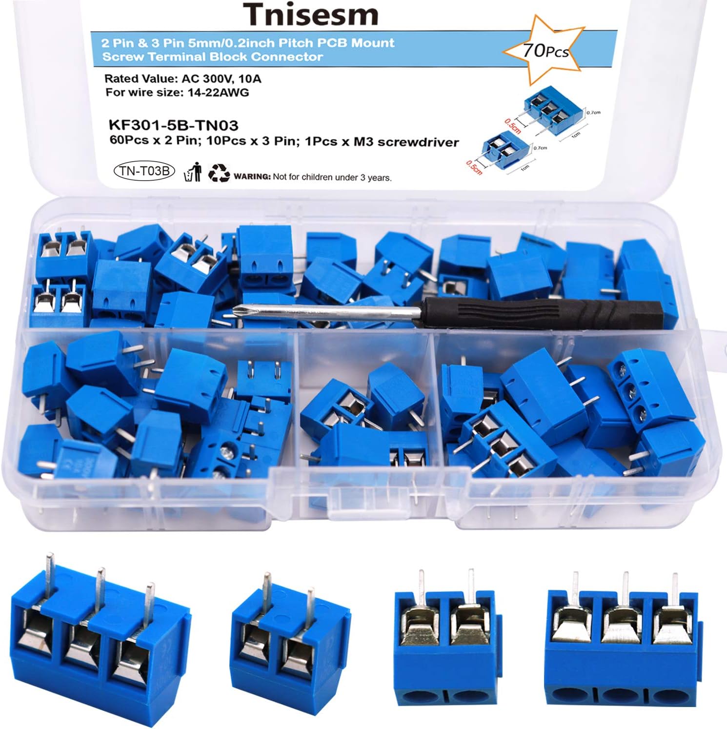 Tnisesm/70pcs 2Pin & 3Pin 5mm/0.2" Pitch PCB Mount Screw Terminal Block Connector (Splicable) TN-T03B