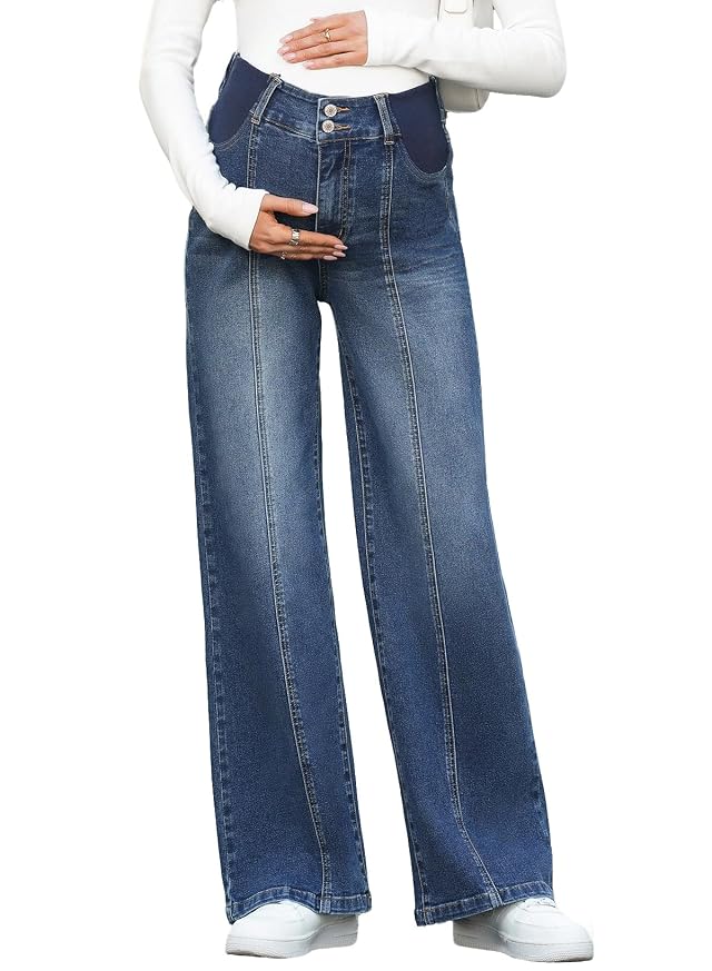 BLENCOT Womens Maternity Jeans Seamed Front High Waisted Wide Leg Stretchy Loose Pregnancy Denim Pants