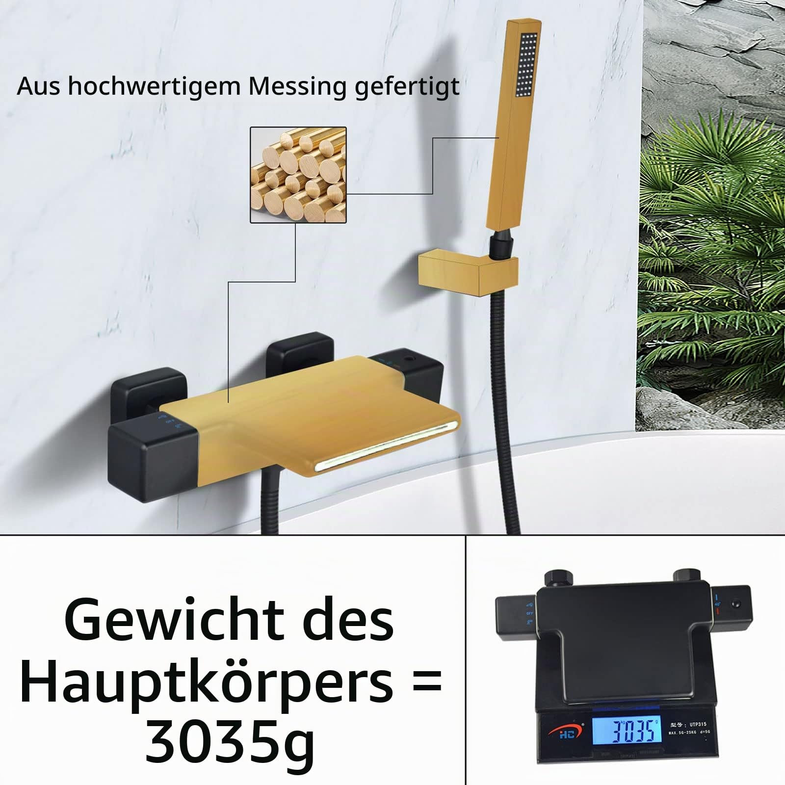 Thermostat Wasserfall Badewannenarmatur Schwarz Wandmontage Wannenarmatur Mit Handbrause Wannenbatterie,Armatur für Badezimmer Bad,Messing 4Y3OK