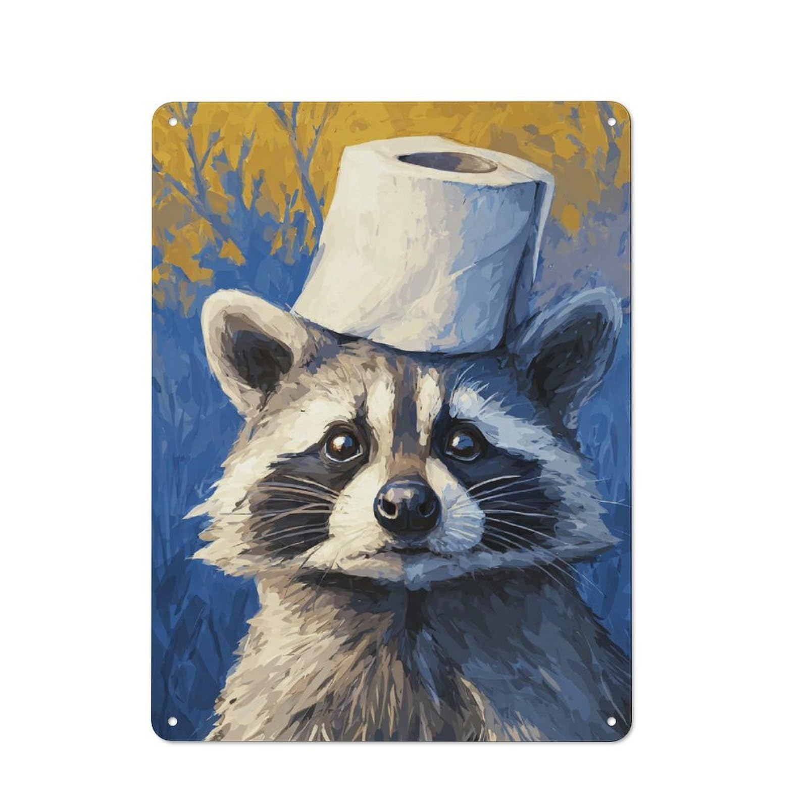 Character Decorative Tin Plaque 40x30cm Featuring Raccoon Wearing A Toilet Paper Hat, Home Wall Decor for Flat, Dorm Room, Lounge Or Cafe