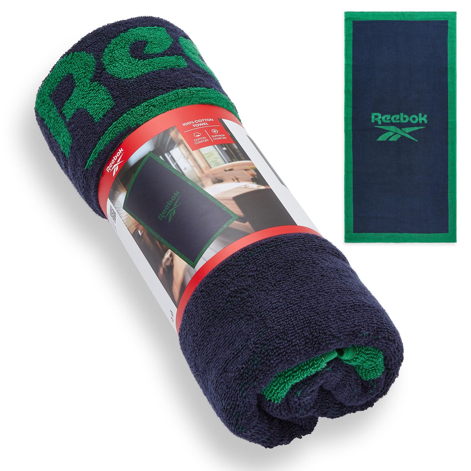 Reebok Prague Cotton Towel – Premium 100% Cotton Bath Towel with Soft Feel | Large Towels For Adults | Absorbent and Quick Drying | Ideal For Bathroom, Gym & Travel | Vector Navy/Green