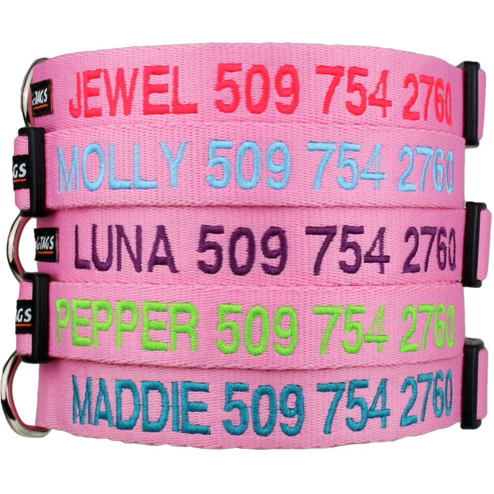 GoTags Personalized Pink Dog Collars, Custom Embroidered Dog Collars with Pet Name and Phone Number, Adjustable Collar with Quick Release Buckle for Extra Small, Small, Medium and Large Dogs