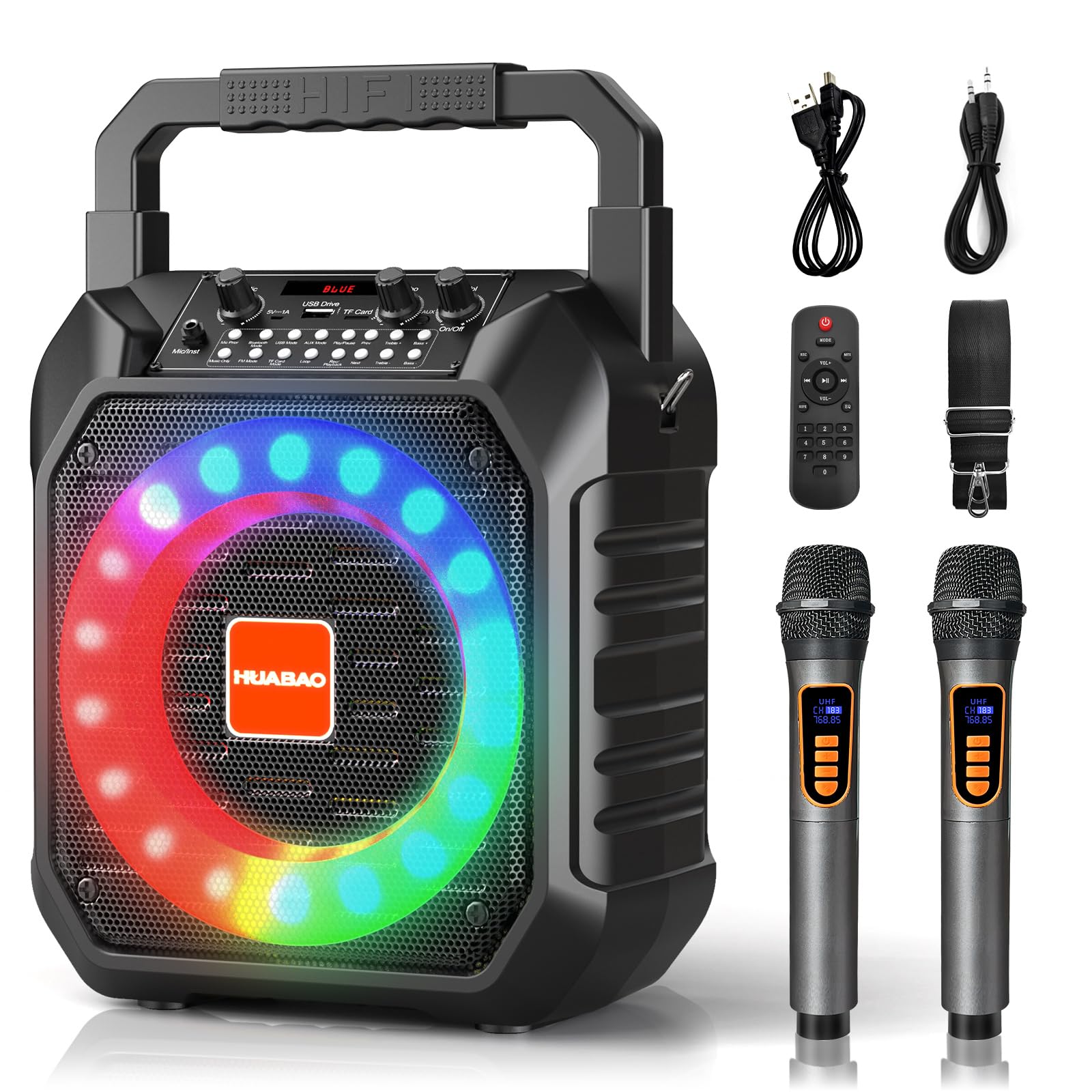 Karaoke Machine with 2 Wireless Microphones, Portable Microphone Speaker for Adults and Kids, PA System with LED Lights, Supports USB/AUX/FM/TF Card, for Party/Meeting