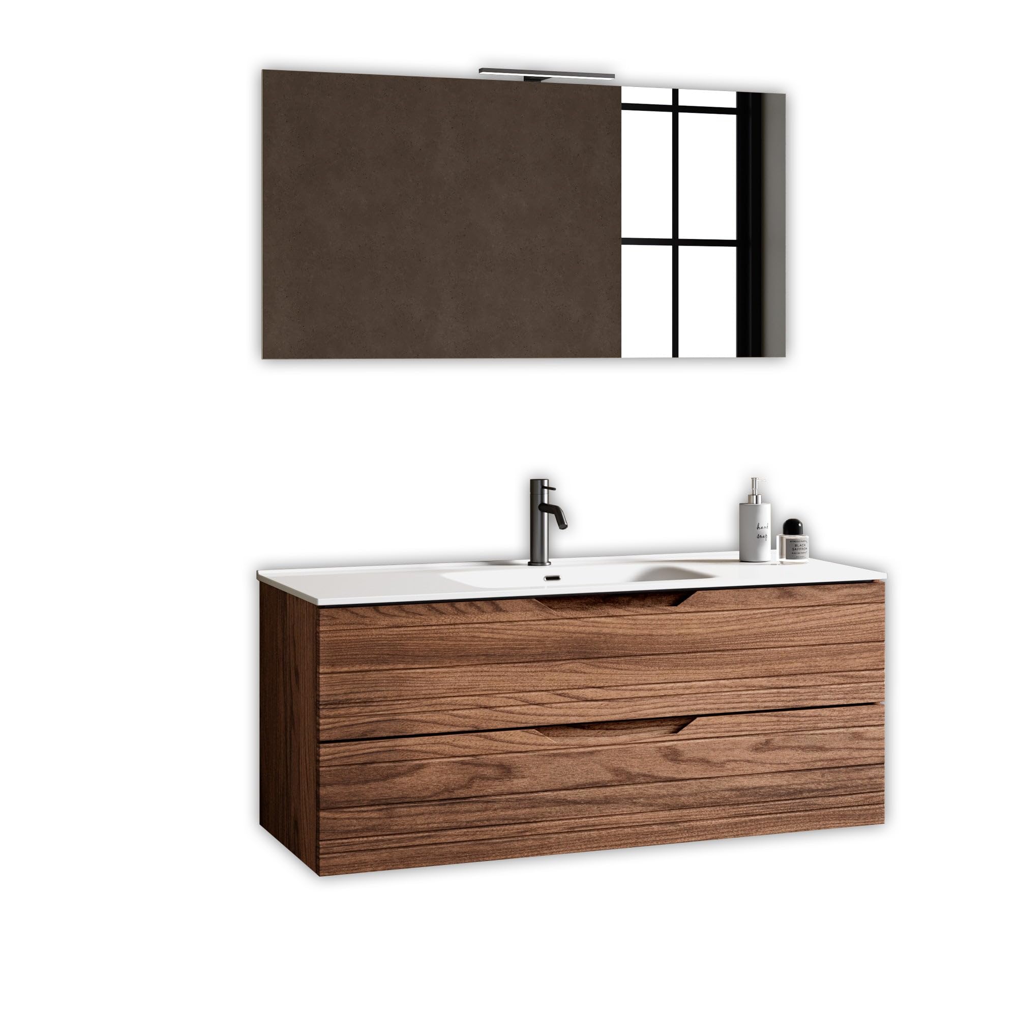 AQA DESIGN accessori casa composizione 4 pezzi bagno, base sospesa con frontali in MDF, finitura rovere rio, nr2 cassetti con scorrimento e chiusura - Rovere - 121x46,5x190 cm