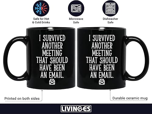 Vista 2 de Taza de café divertida con texto en inglés "I Survived Another Meeting That Should Have Been An Email Gift For Boss Office" "I Survived Another