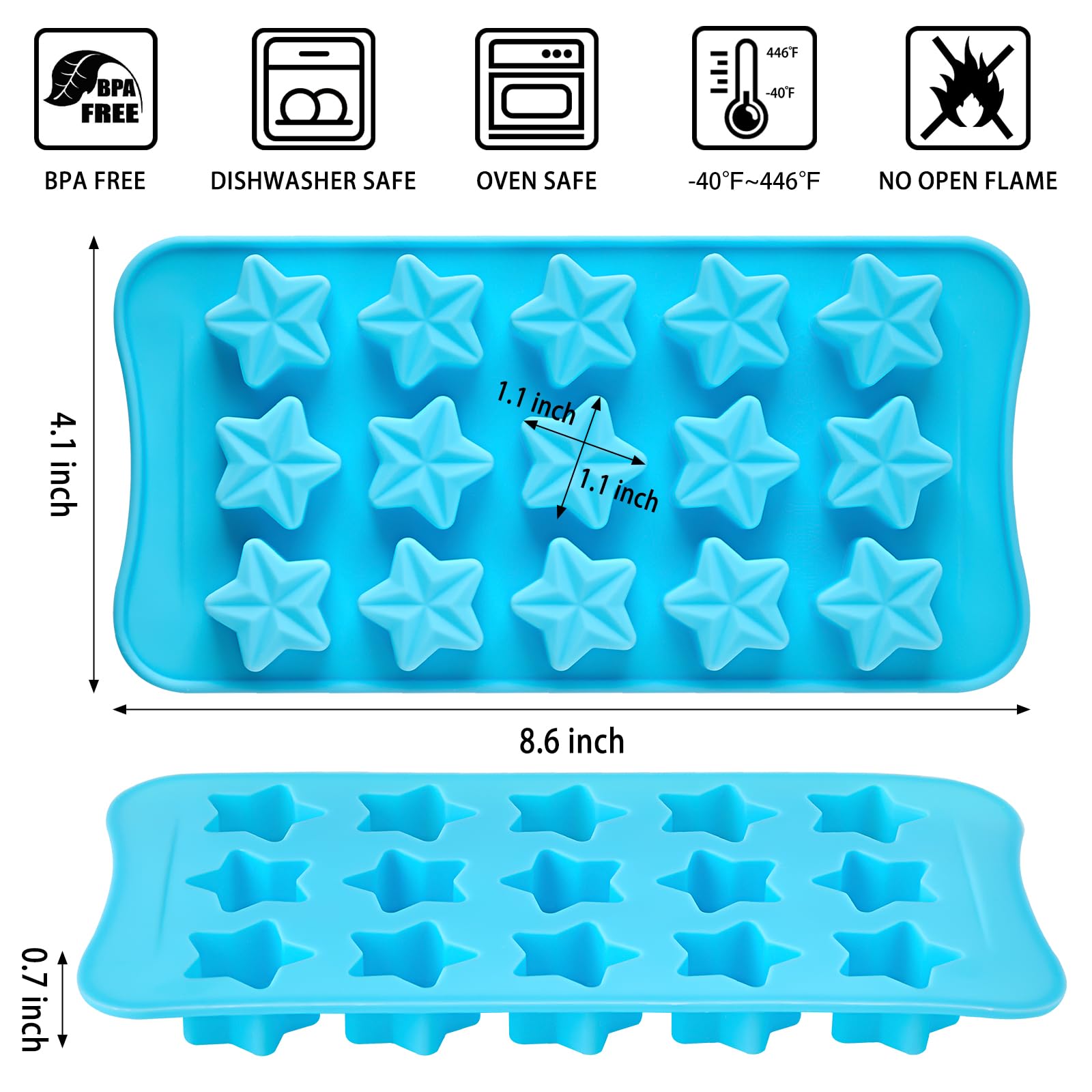 Juego de 6 moldes de silicona para chocolate, 15 cavidades, diseño de estrella y corazón rosa, diferentes formas, moldes de silicona para chocolate, dulces, cubitos de hielo, mantequilla, gelatina