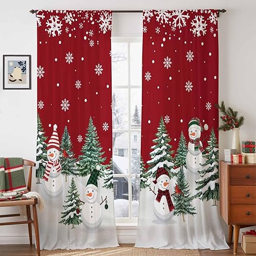 Miniatura 1 de Cortinas semitraslúcidas de muñeco de nieve de Navidad de 84 pulgadas de largo, cortinas con filtro de luz para ventana roja, cortinas con bolsillo
