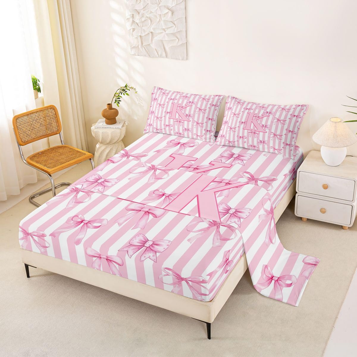 Homewish Paski różowe kawaii inicjał litera K alfabet kokarda zestaw pościeli podwójna marzycielska księżniczka prześcieradła kokardka pościel - ciepła miękka pościel zestaw pościeli 4 sztuki