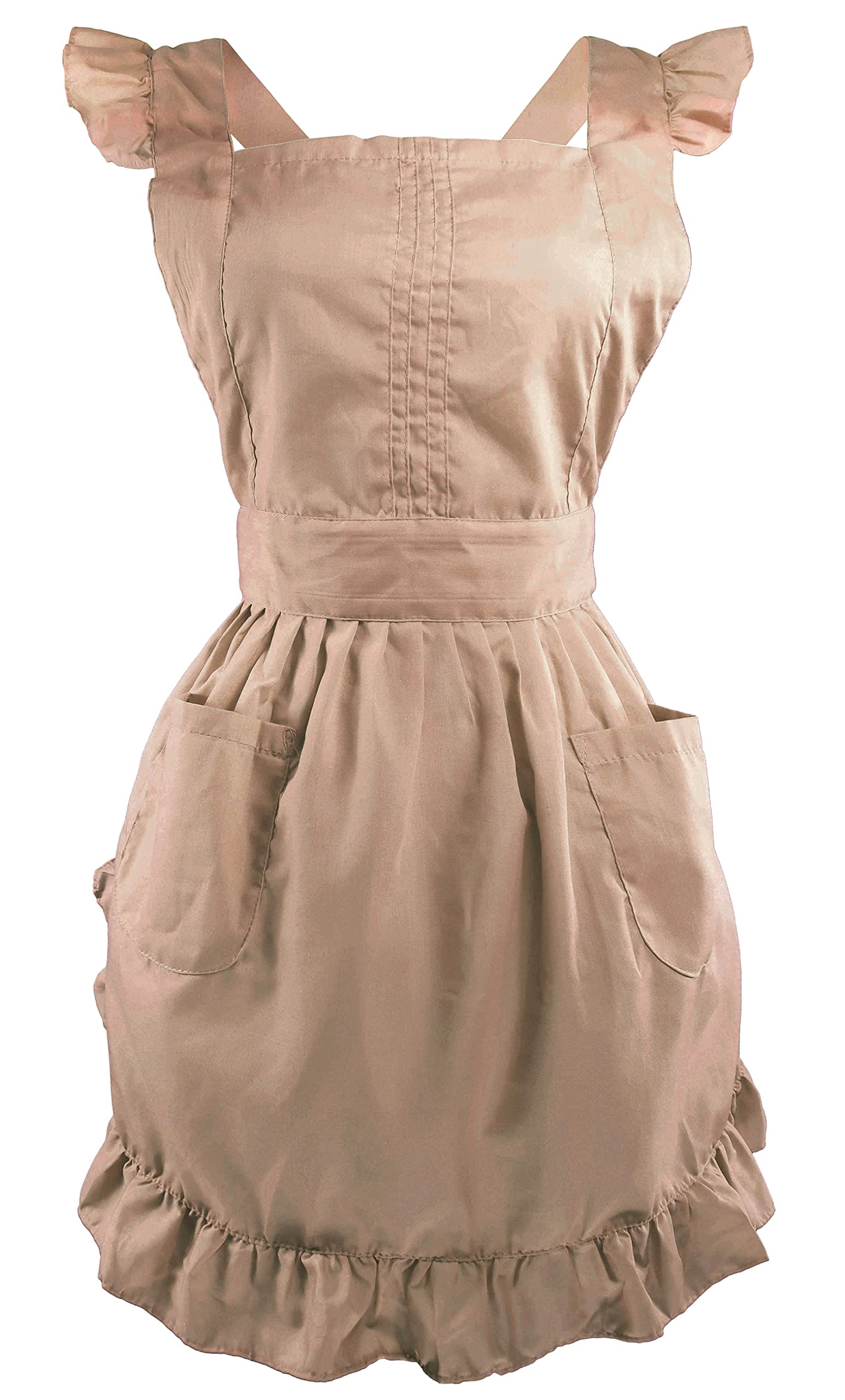 LilMents Retro Adjustable Ruffle Apron with Pockets, Small to Plus Size Ladies (Cappucino)