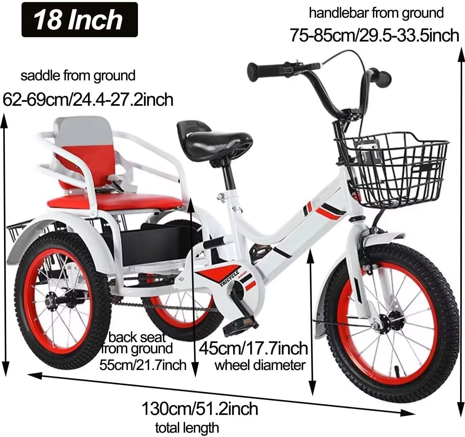 3 Wheels Bicycle,Manned Cruiser Trike with Back Seat,Single Brake,Rickshaw Tricycle with Pedals,Front and Back Baskets