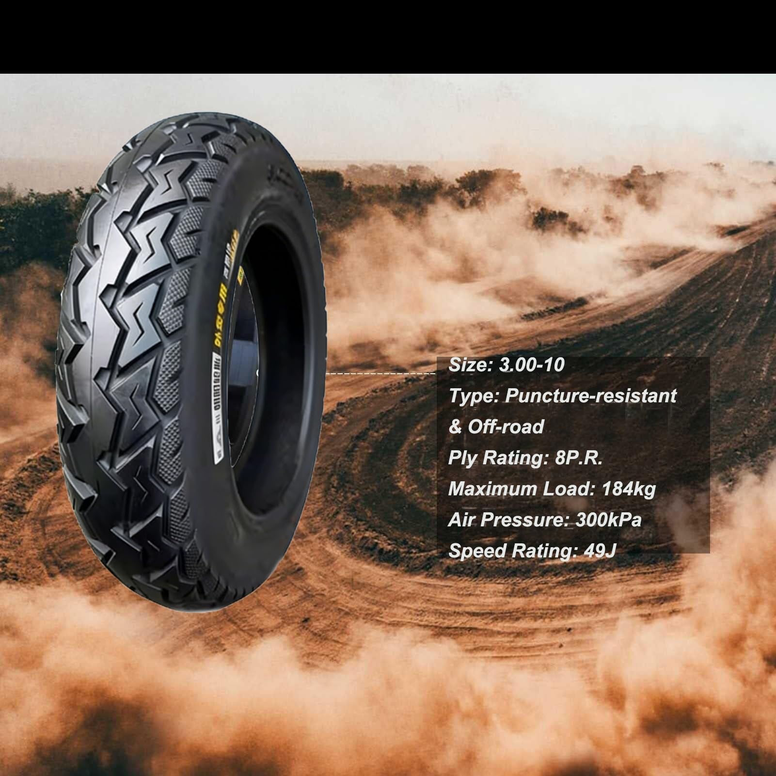 3.00-10 Neumático Moto 3.00/10 con Diseño Bloque Todo Terreno para Llantas de 10 Pulgadas con 3 00 10 Tubeless TL 49J 8PR Alta Tracción Nieve