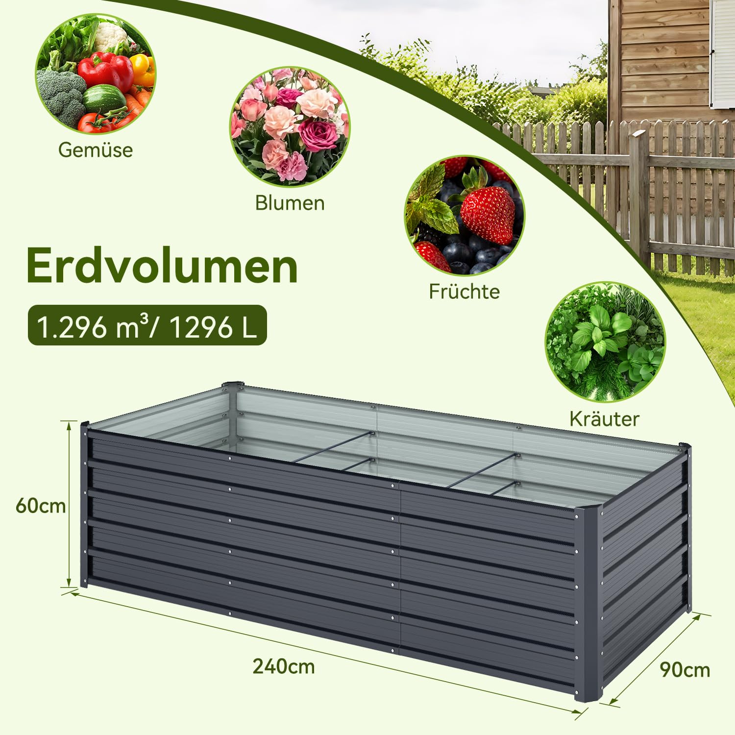 Ohuhu Metall Hochbeet Pflanzenbeet 240x90x60 cm, Hochbeete für Garten aus Robustes Stahlblech, Rostgeschützt & Stabil, Ideal für Garten Gemüse Kräuter Blumen Anthrazit