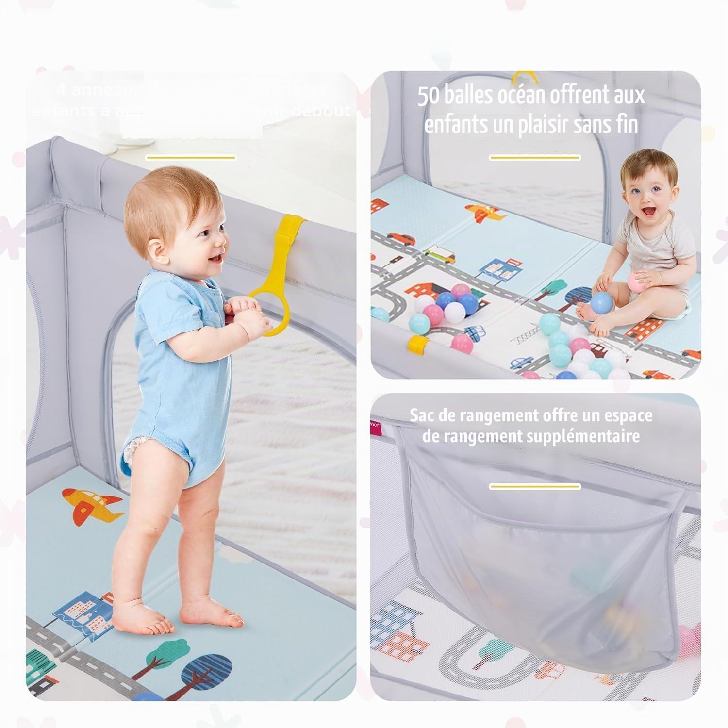 FANTASK Parc pliable pour bébé avec matelas 189 x 158 cm, parc avec 50 balles de jeu et 4 poignées, gris clair