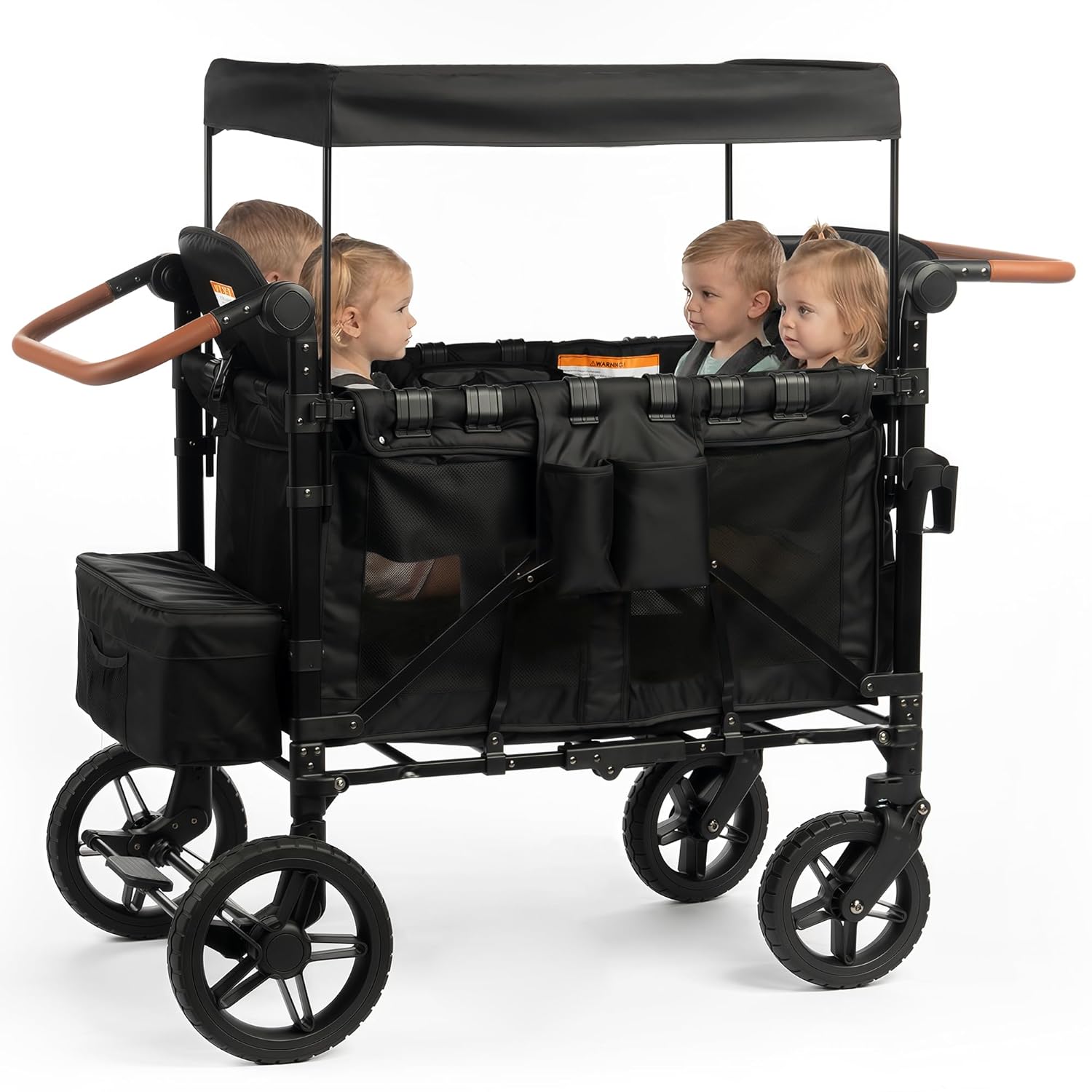 Real Relax Wagon Stroller for 4 Kids, Collapsible 4-Seater Stroller Wagon with 5-Point Safety Harness, UV-Protection Canopy, Detachable Tray, Adjustable Handle, All-Terrain Wheels
