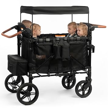 Real Relax Wagon Stroller for 4 Kids, Collapsible 4-Seater Stroller Wagon with 5-Point Safety Harness, UV-Protection Canopy, Detachable Tray, Adjustable Handle, All-Terrain Wheels