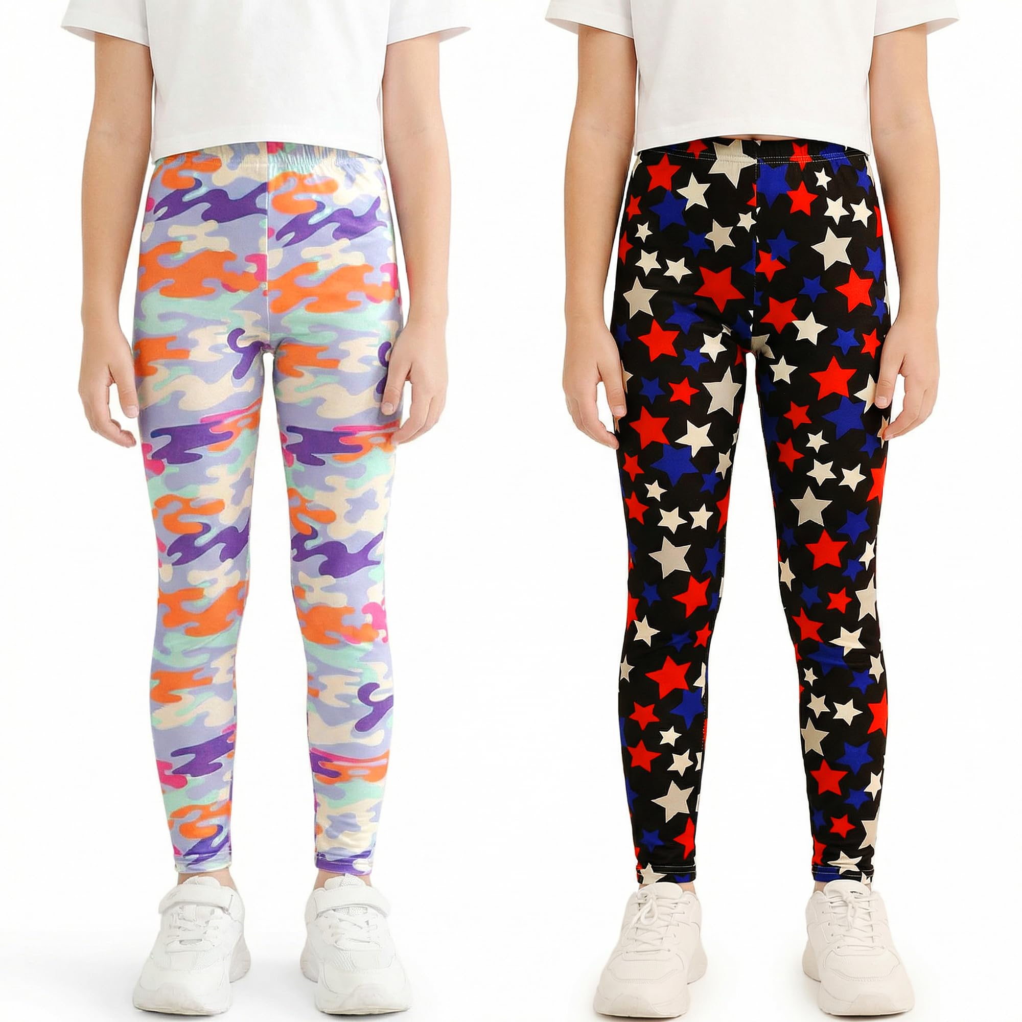 Leggings per Bambina Ragazze 2-Pack Vita Alta Elasticizzati Pantaloni Colorati Stampati Ragazza Leggeri Morbidi Legging Larghi Stretch Pants Casual Sport Abbigliamento Adolescenti 6-14 Anni