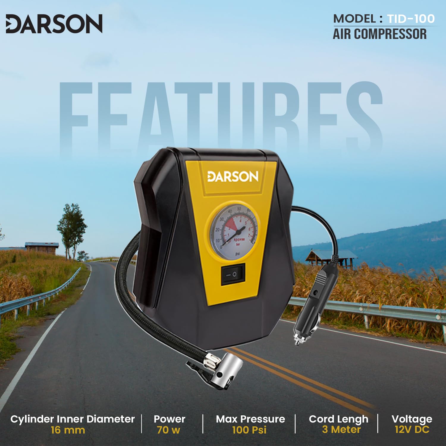Darson TID-100 Tyre Inflator for Car - 12V Car Port and 100PSI Portable Air Compressor for Cars, Bike, Bicycle and Football - Fast Inflation Speed air inflator for car - Mini Air Compressor 1