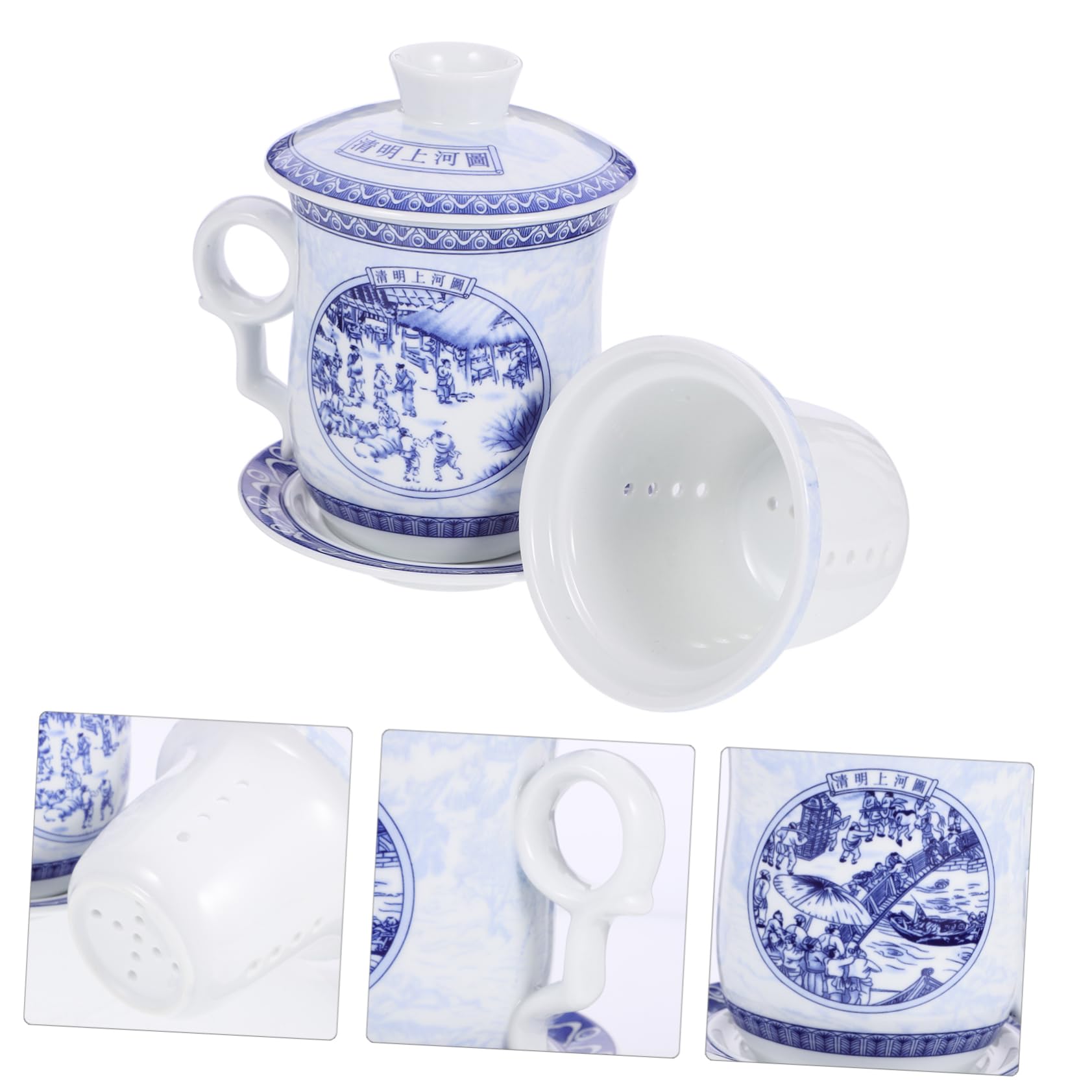 Mobestech Traditionelle Chinesische Teetasse mit Sieb und Deckel Keramikbecher mit Untertasse Chinesisches Teegeschirr mit Klassischem Muster Staubgeschützt für Haushaltsgebrauch und