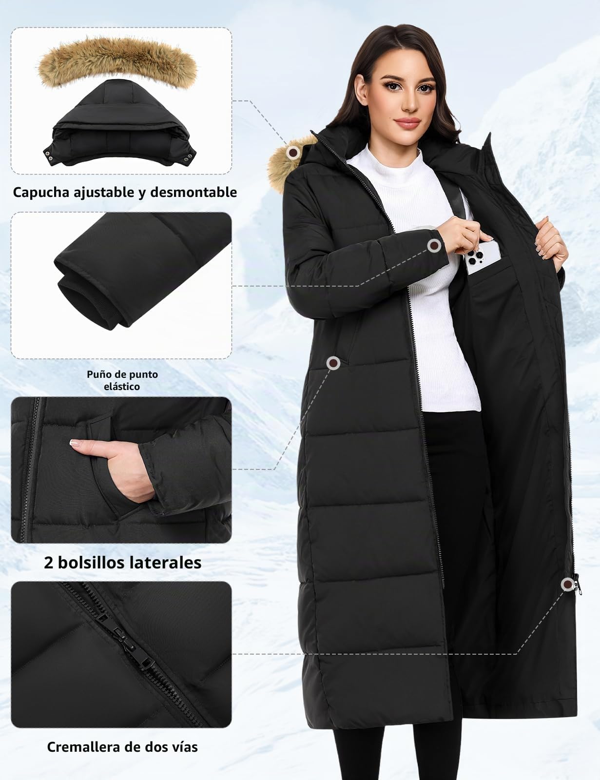 Yuson Girl Abrigos Mujer Invierno Largo Gruesa Térmico Abrigo con Capucha Invierno Elegante Chaqueta Acolchado Viento Cremallera Parka Exteriores Cazadora Plumón con Bolsillos
