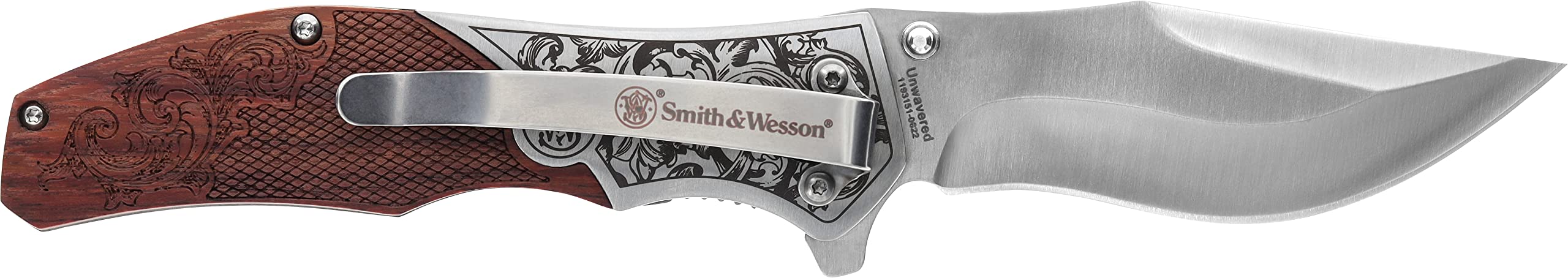 Smith & Wesson Accessories Smith & Wesson Unwavered Folder Featuring Engraved Rosewood Handle, Drop Point Blade, and 8Cr13MoV Stainless Steel