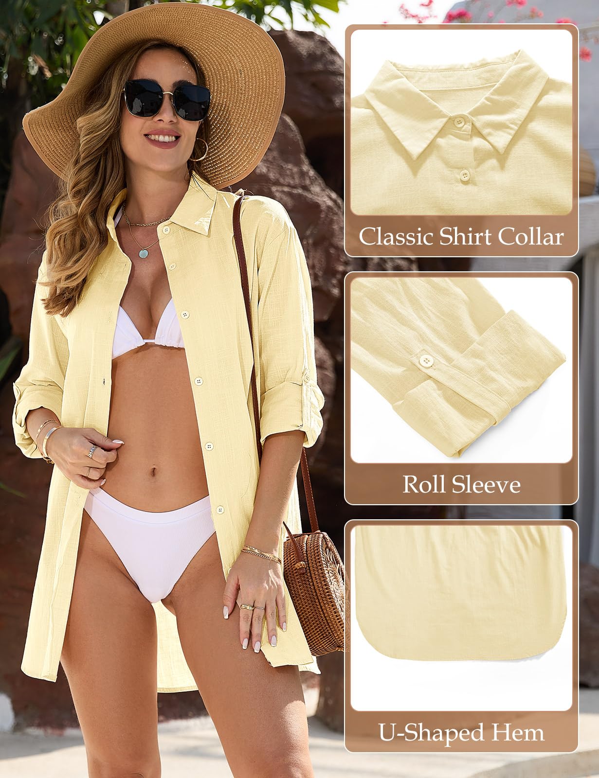 Vancavoo Vestidos de Playa Mujer Camisolas de Playa Bikini Cover Up Camisas de Manga Larga Suelta Pareos de Casual Color Sólido Blusa con Botón para Verano