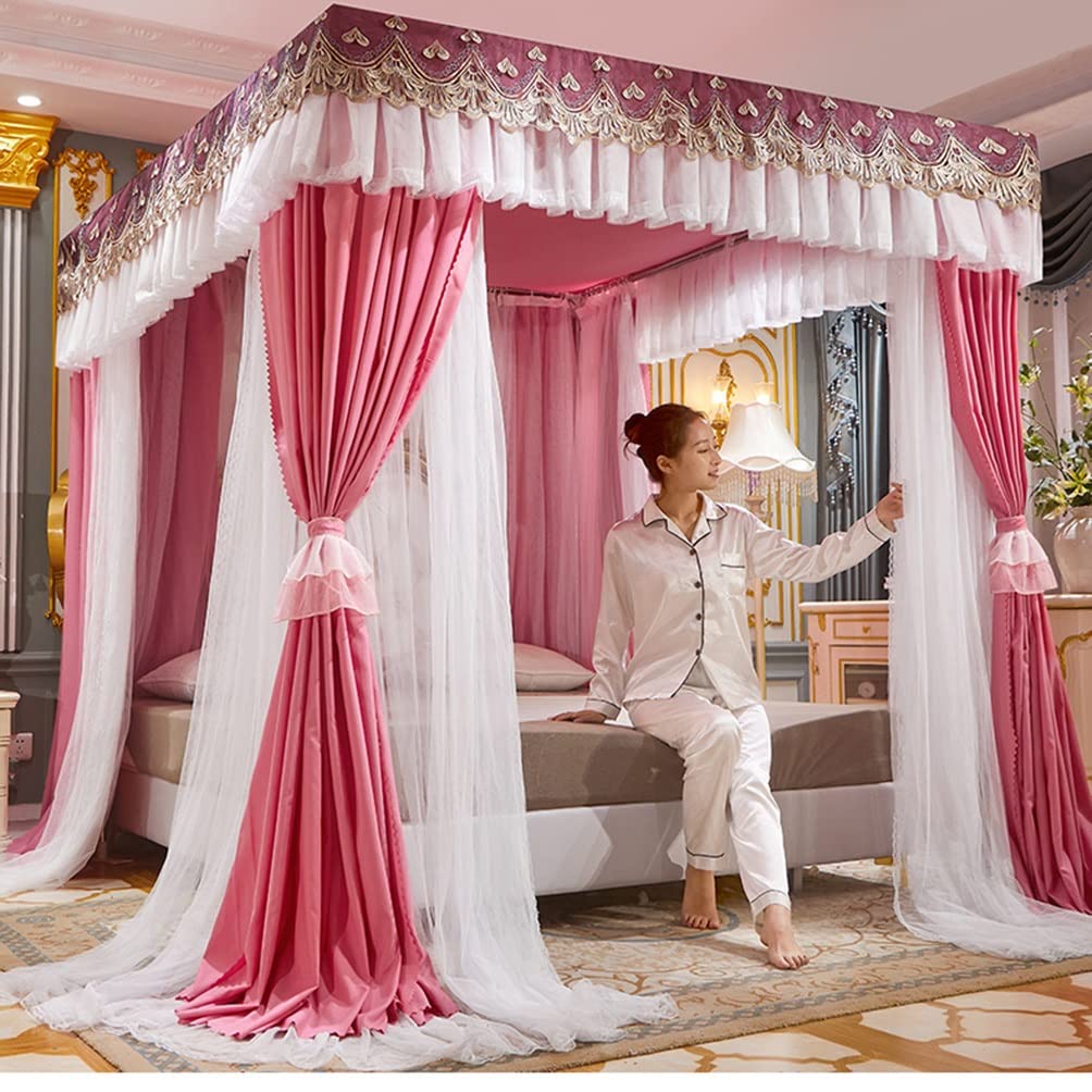 GJMSSMY bed tent，4 Corner Post Bed Canopy for Twin Queen King, Lace Embroidered Luxury Bed Curtain Mosquito Net with Stand (Color : Pink-3, Size : 200X220cm/79X87inch)