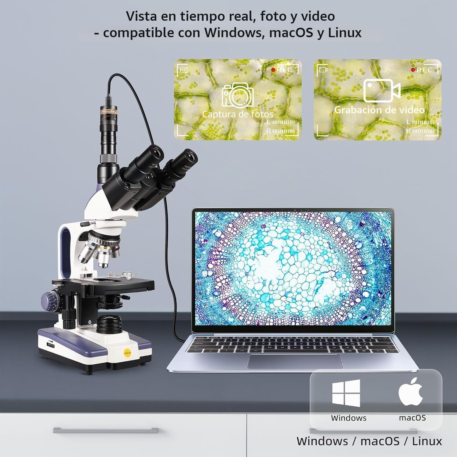 SWIFT Microscope composé trinoculaire SW350T, grossissement 40X-2500X, tête Siedentopf, niveau de recherche, scène mécanique à Deux couches, appareil Photo et logiciel 1,3 MP, Compatible Windows et…