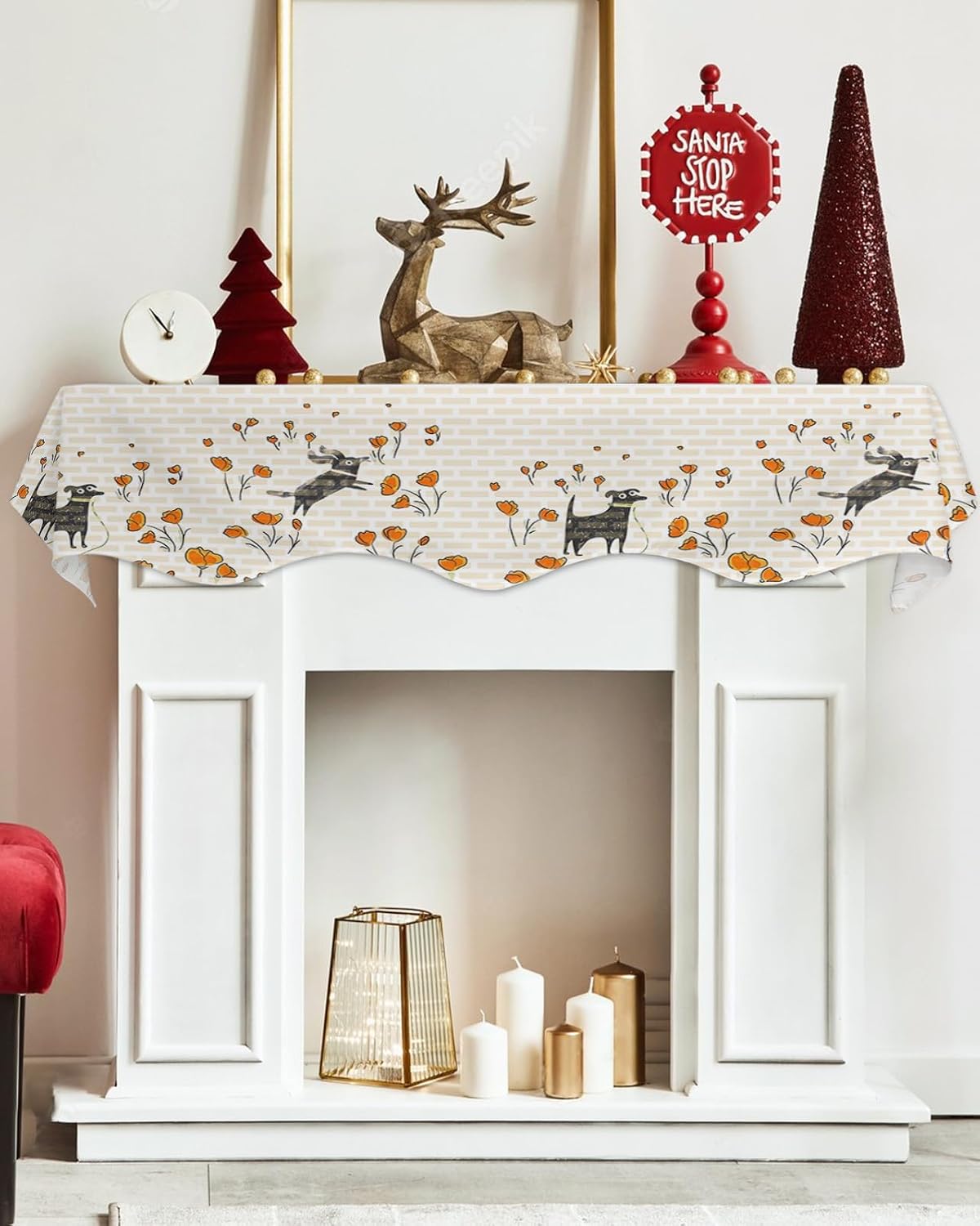 Mantle Scarf 90 x 17 Inch, Flower Cute Black Dog Brick Wall Fireplace Mantel Scarf Mantel Cover Runner for Home Living Room Indoor Holiday Party Decor
