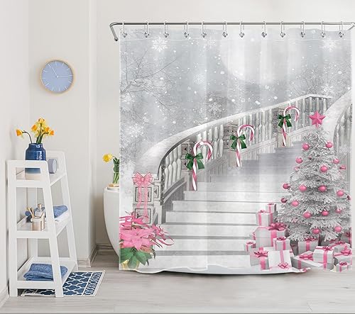 Miniatura 4 de LB Pink Christmas Shower Curtain Sets with Rugs Xmas Tree and Xmas Ball Gifts on Grey Fabric Shower Curtain with Hooks Winter Snowflake Bathroom