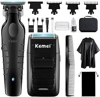 KEMEI Juego de cortadoras de pelo profesionales y afeitadoras de aluminio, cortadoras de pelo inalámbricas para hombres, kit de maquinilla de afeitar eléctrica de peluquería con cuchilla en T