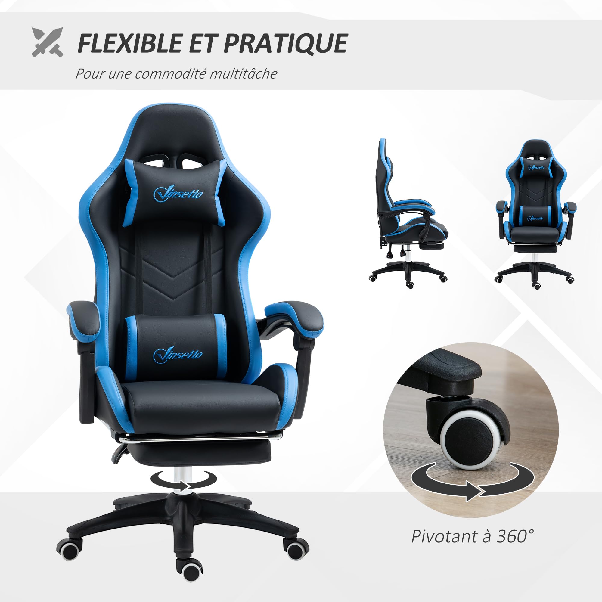 Chaise Gaming HLFURNIEU - Repose-Pied Télescopique, Réglable 90-165° - Noir/Bleu