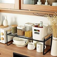 رف مطبخ متين للتنظيف من يضيف مساحة تخزين لغرفة النوم والحمام والمكتب توابل قابل للتكديس معدني اسود كربون وخشب ومعدن وستيل