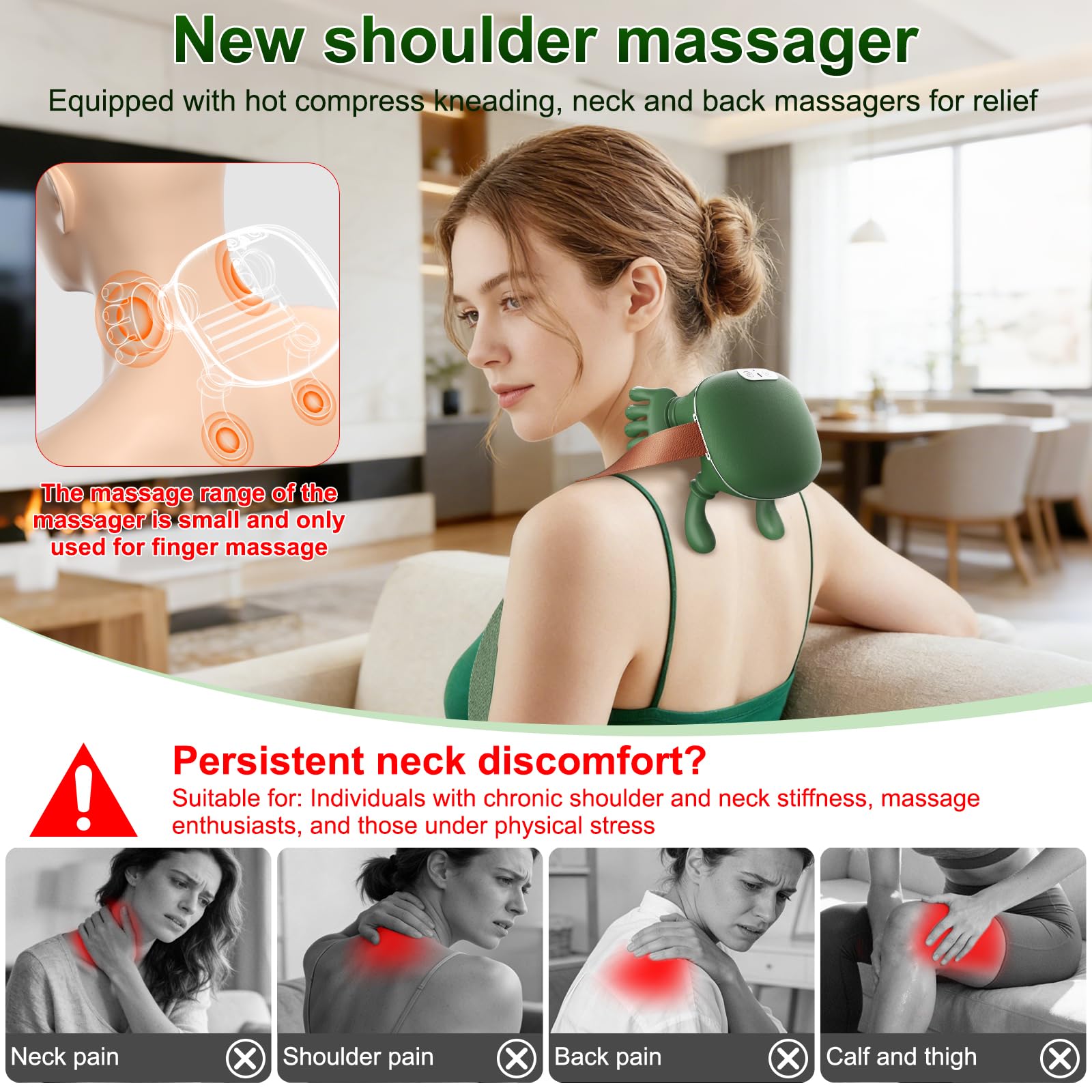 Nooydio Neck Massager, Neck and Back Massager with Heat & 4D Kneading, Shiatsu Deep Tissue Wireless Massager for Shoulder Cervical Pain Relief, Portable Rechargeable for Home Office (Green)