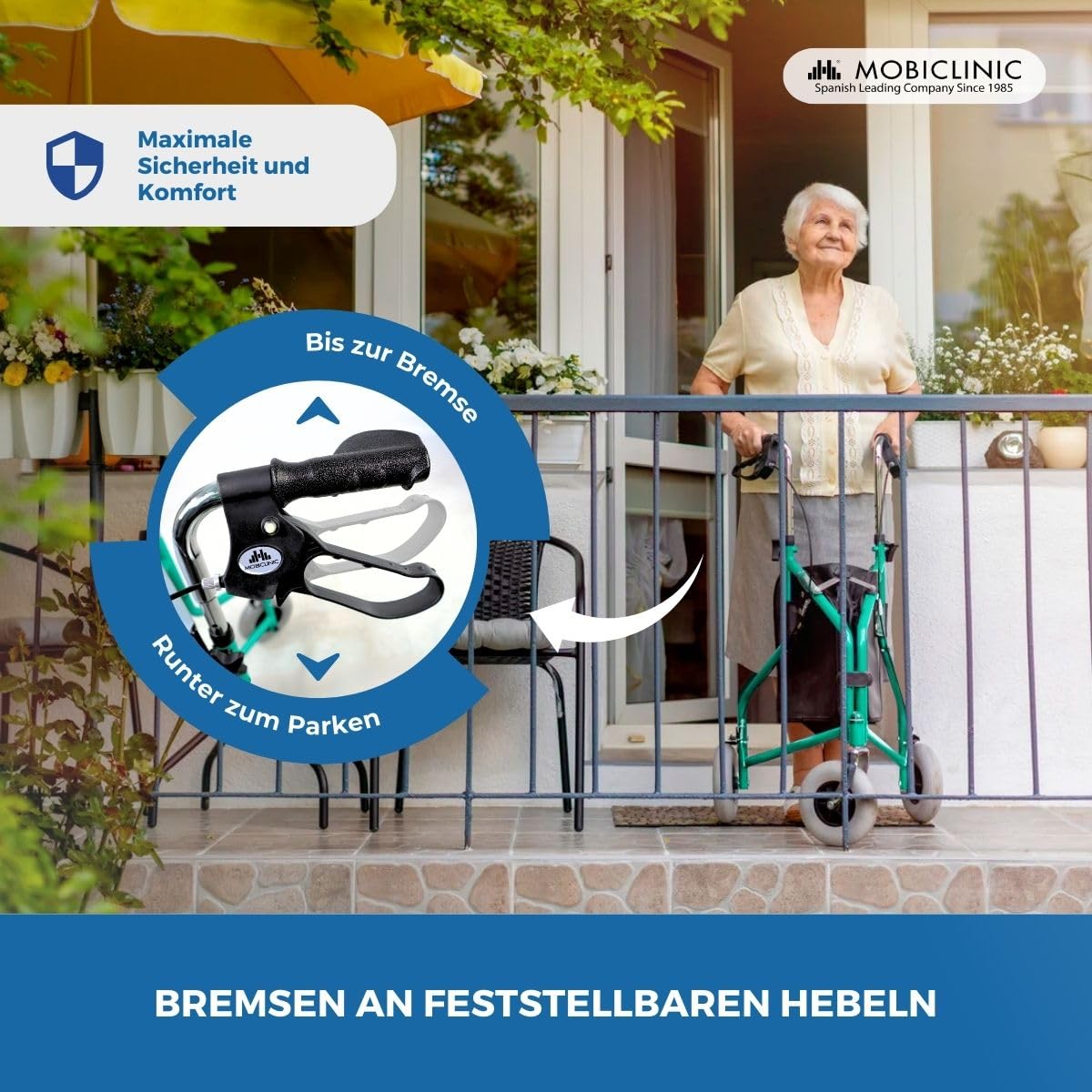 Mobiclinic®, Rollator mit 3 Rädern, Faltbar, Höhenverstellbare, mit Korb, Tasche und Handbremsen, Leicht, Gehhilfe für Senioren, Grün, Caleta