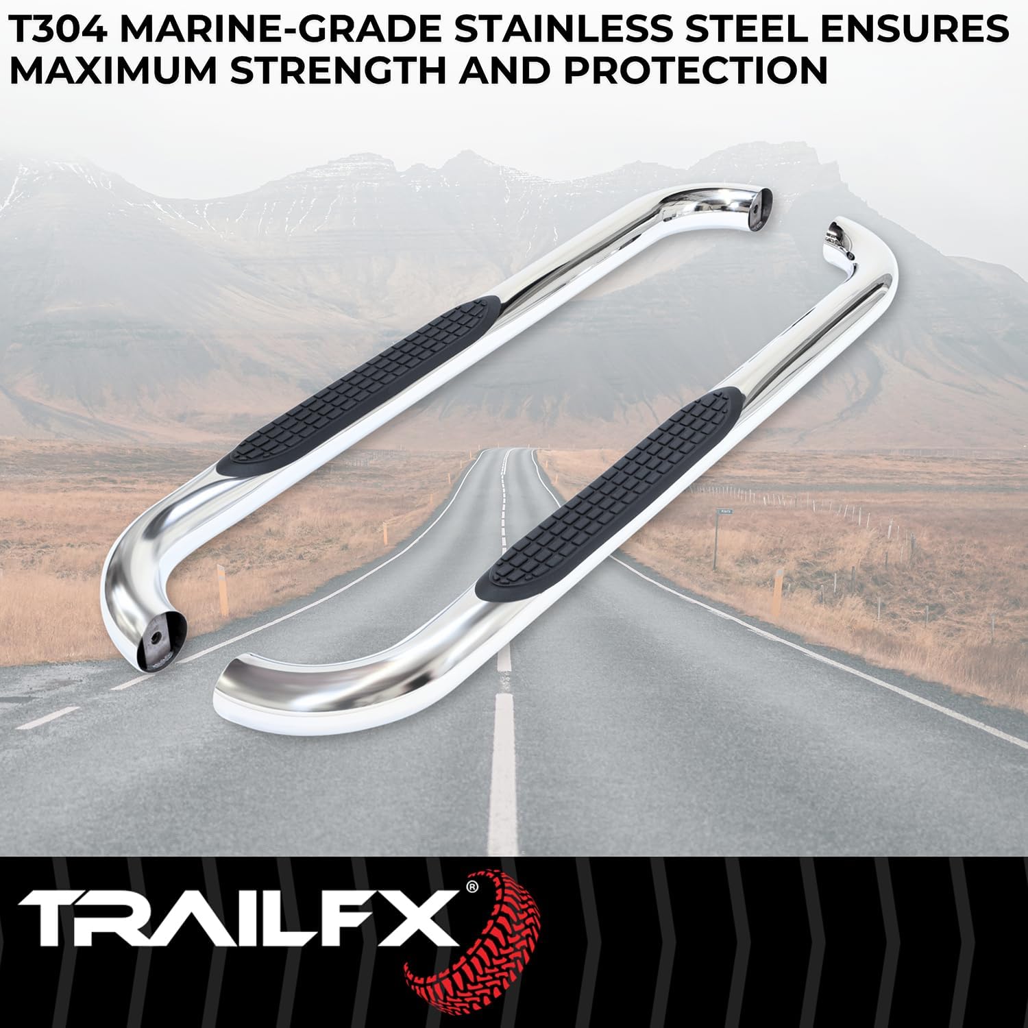 TrailFX Nerf Bars for Chevrolet Silverado 1500 Standard Cab 2020-2021 3 Inch Round Bent Polished Stainless Steel Side Steps Slip-Resistant Step Pads Frame Body Mount Set of 2 Running Boards