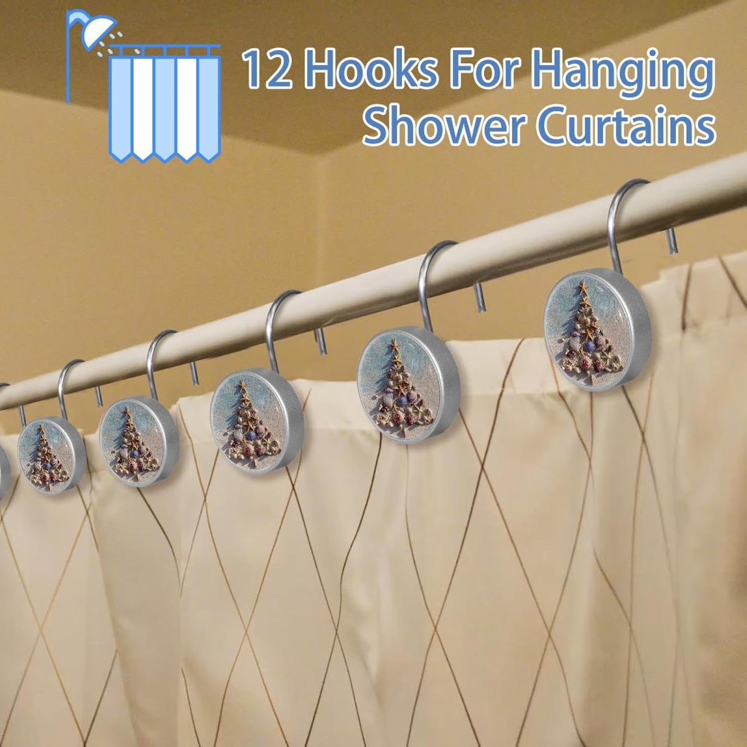 Set of 12 Shower Curtain Hooks, Shower Curtain Rings Crystal Glass Decorative Bathroom Hook, Christmas Tree Beach Seashells Starfish (3)