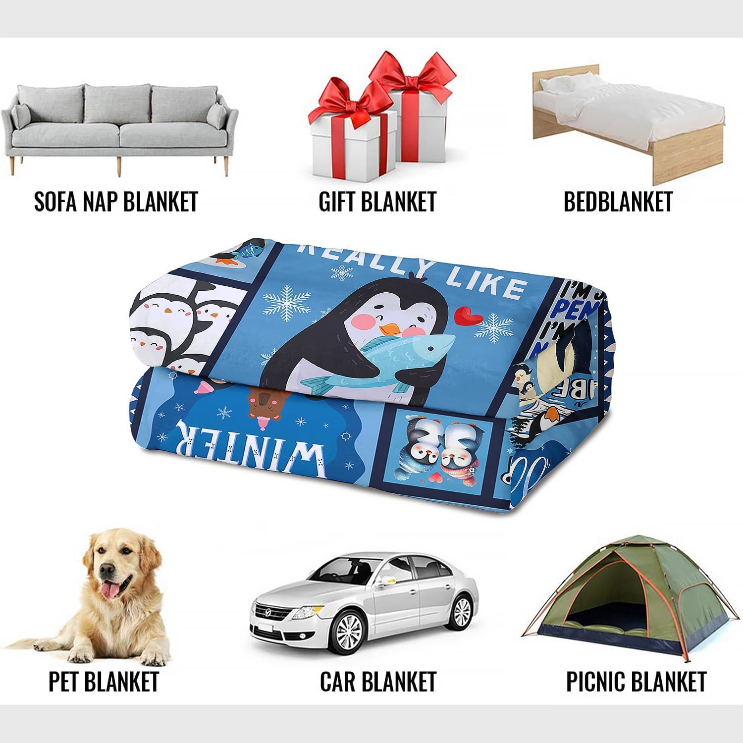 Penguin Throw Blanket, Cute Animal Collage Design, Soft Cozy Fleece Blanket for Couch Bed, 60 x 80 Inches