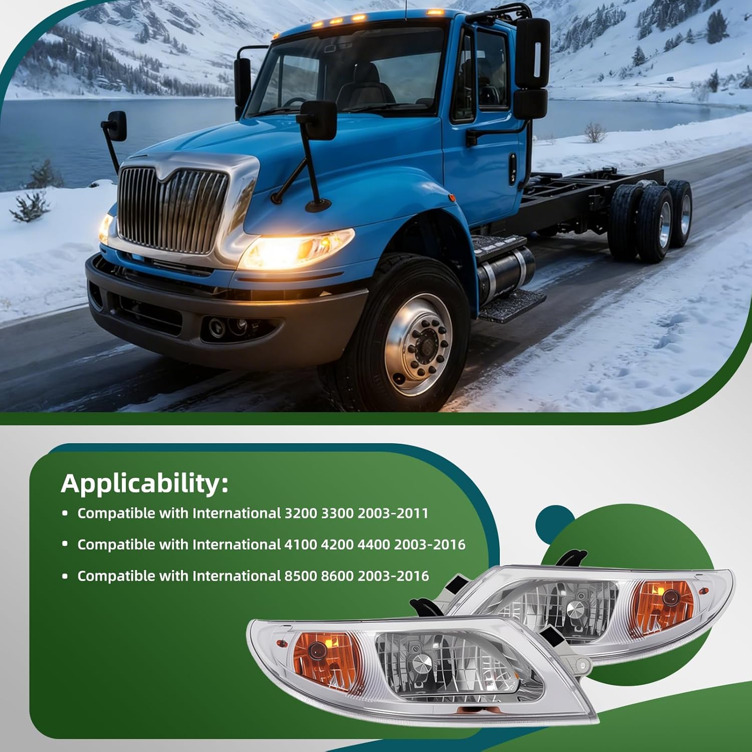 Halogen Headlight Assembly Compatible with International 3200 3300 4100 4200 4300 4400 8500 8600 2002-2016 Left Right Headlamp Set Replace 3574388C93 3574387C93