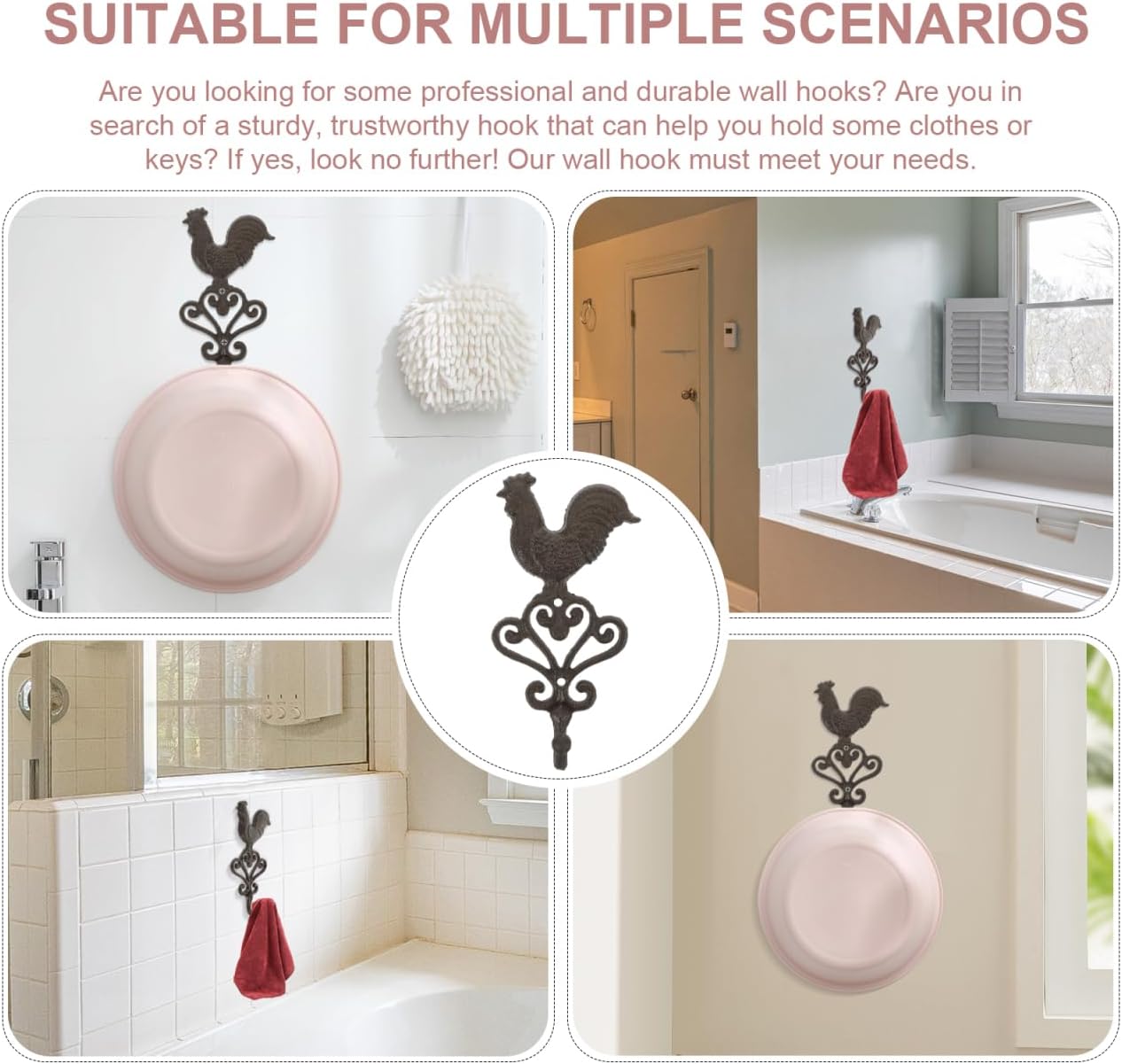 Cabilock 4Pcs Cast Iron Wall Hooks Rooster Shape Vintage Iron Wall Hangers for Coat Towel Key Storage Kitchen Bathroom Rustic