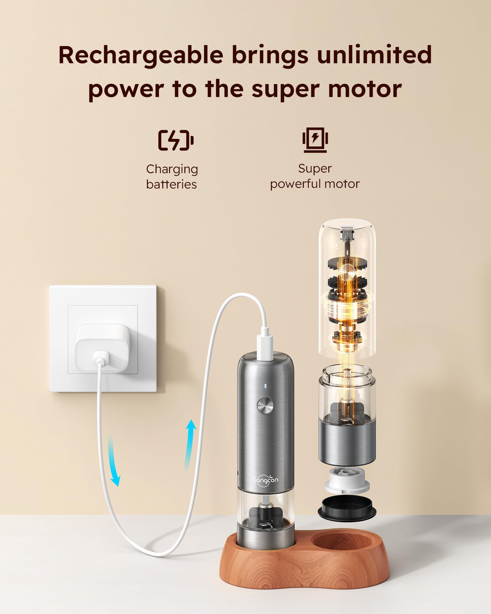 Sangcon Mini elektrische zout- en pepermolen met houten voet, USB-oplaadbaar, kleine automatische pepermolen voor reis/barbecue/kinderen, bediening met één knop (roestvrij staal