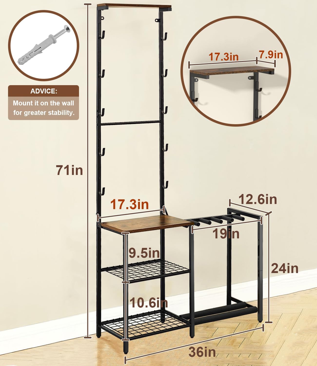 Gun Rack, Indoor Gun Racks for Wall Mount, Rifle Rack and Shotgun Floor Stand with Pistol Holder, Wall Gun Rack Stand Holds up 10 Guns Storage, Hunting Gun Display Shelf for Garage Shop