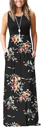 PCEAIIH Women Floral Summer Dress Casual Beach Printed Tank with Pockets Pleated Front Long Dresses